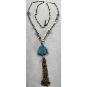 Large Turquoise Color Stone Boho Tassel Necklace Festival Statement